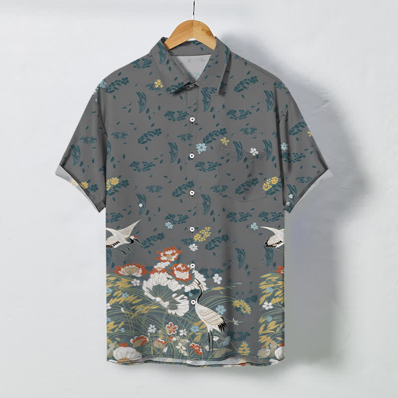 Buddha Stones Camicia da uomo a maniche corte traspirante con bottoni e motivo floreale a gru. - Grigio - US/UK/AU48, EU58 (4XL) - image 5