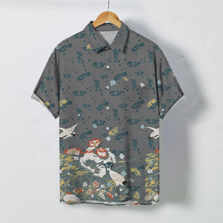 Buddha Stones Camicia da uomo a maniche corte traspirante con bottoni e motivo floreale a gru. - Grigio - US/UK/AU48, EU58 (4XL) - image 5