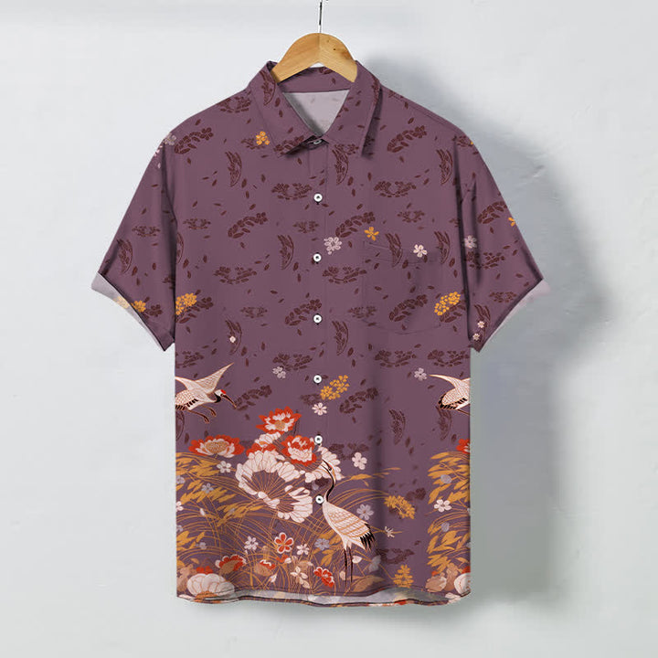 Buddha Stones Camicia da uomo a maniche corte traspirante con bottoni e motivo floreale a gru. - Rosso viola medio - US/UK/AU48, EU58 (4XL) - image 7