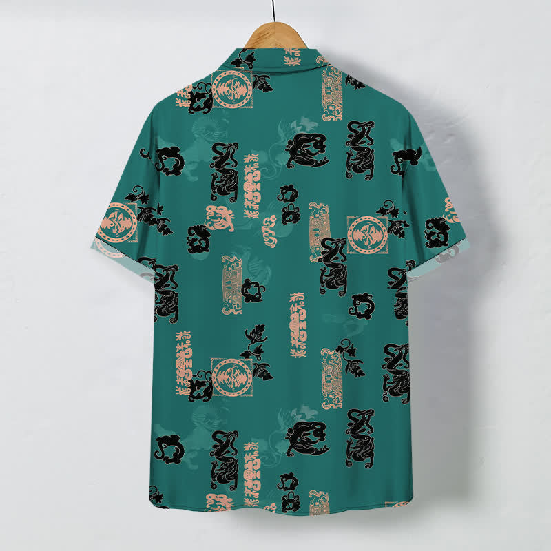 Buddha Stones Camicia da uomo a maniche corte traspirante con bottoni a fantasia di lettere color verde acqua vintage. - image 1