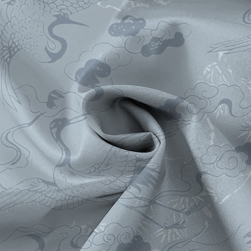 Buddha Stones Camicia da uomo a maniche corte traspirante con bottoni e motivo gru e nuvole. - image 4