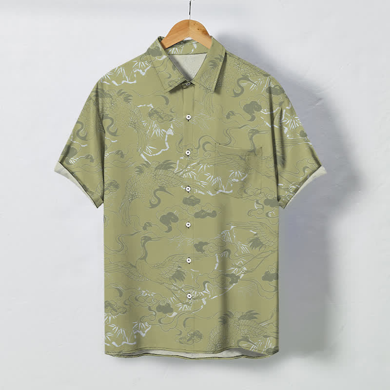 Buddha Stones Camicia da uomo a maniche corte traspirante con bottoni e motivo gru e nuvole. - GialloVerde - US/UK/AU48, EU58 (4XL) - image 5