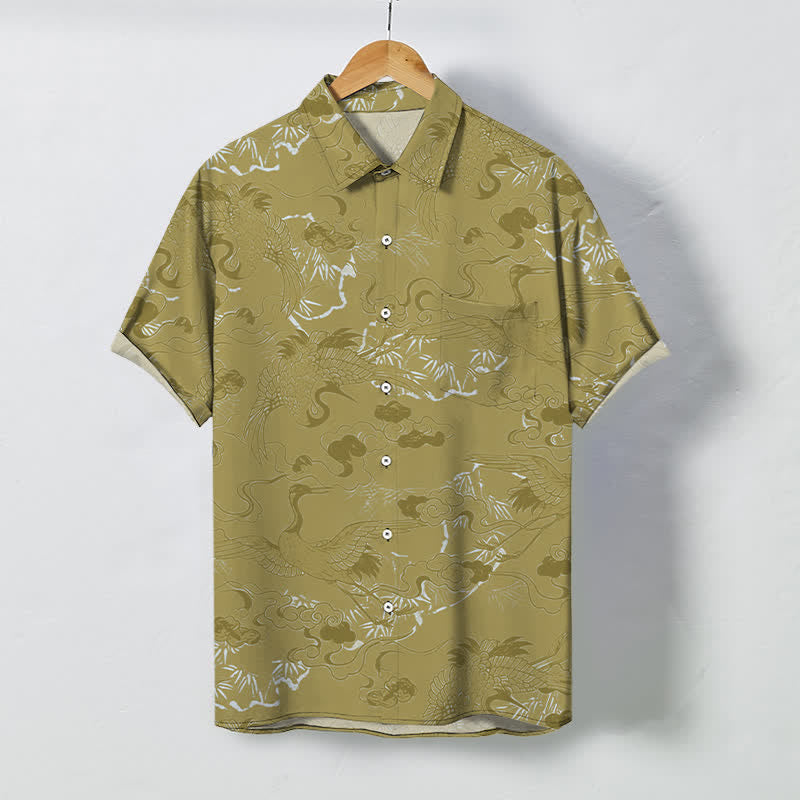 Buddha Stones Camicia da uomo a maniche corte traspirante con bottoni e motivo gru e nuvole. - Cachi scuro - US/UK/AU48, EU58 (4XL) - image 7