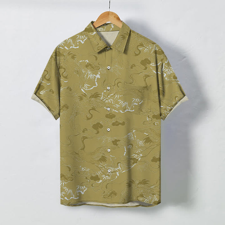 Buddha Stones Camicia da uomo a maniche corte traspirante con bottoni e motivo gru e nuvole. - Cachi scuro - US/UK/AU48, EU58 (4XL) - image 7