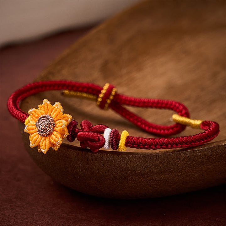 Buddha Stones Braccialetto portafortuna con girasole e cordino rosso intrecciato a mano - Rosso (Circonferenza del polso: 5,51-7,48 pollici / 14-19 cm) - image 0