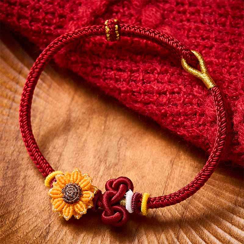 Buddha Stones Braccialetto portafortuna con girasole e cordino rosso intrecciato a mano - image 1