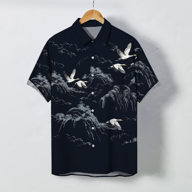 Buddha Stones Camicia da uomo a maniche corte traspirante con bottoni e motivo a nuvole e gru di montagna Ink - Marina - US/UK/AU48, EU58 (4XL) - image 0