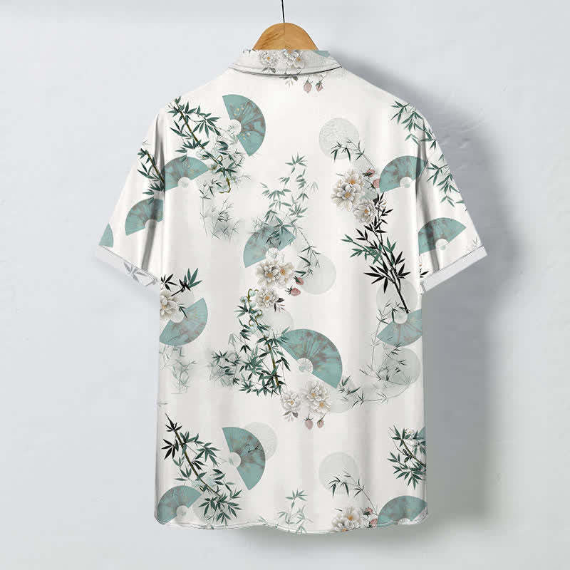Buddha Stones Camicia da uomo a maniche corte traspirante con bottoni e motivo a fiori di bambù, colore menta. - image 1