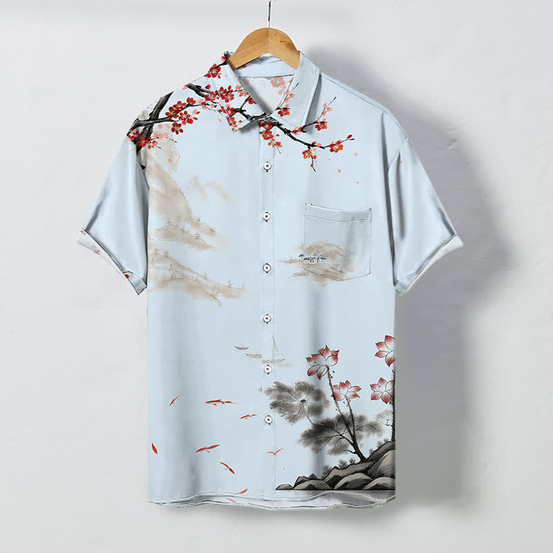 Buddha Stones Camicia da uomo a maniche corte traspirante con motivo floreale rosso e stampa a inchiostro, ispirata a paesaggi, con bottoni. - Azzurro polvere - US/UK/AU48, EU58 (4XL) - image 3