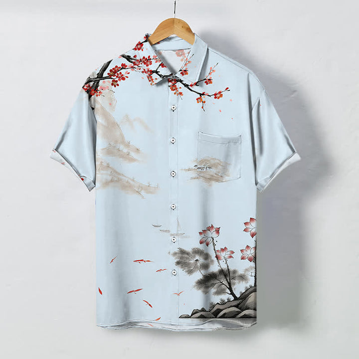 Buddha Stones Camicia da uomo a maniche corte traspirante con motivo floreale rosso e stampa a inchiostro, ispirata a paesaggi, con bottoni. - Azzurro polvere - US/UK/AU48, EU58 (4XL) - image 3