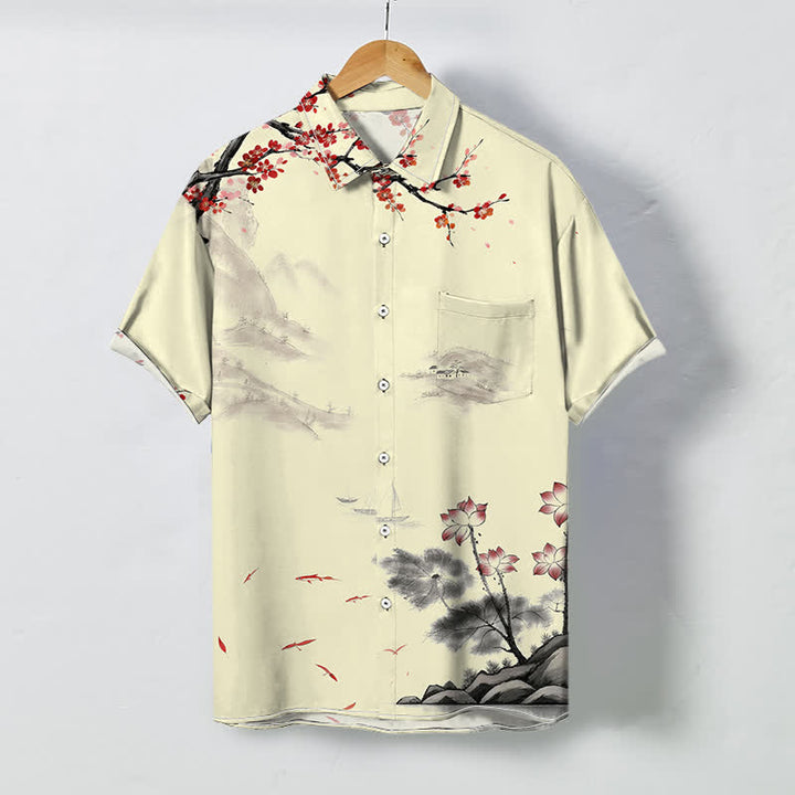 Buddha Stones Camicia da uomo a maniche corte traspirante con motivo floreale rosso e stampa a inchiostro, ispirata a paesaggi, con bottoni. - Beige - US/UK/AU48, EU58 (4XL) - image 5