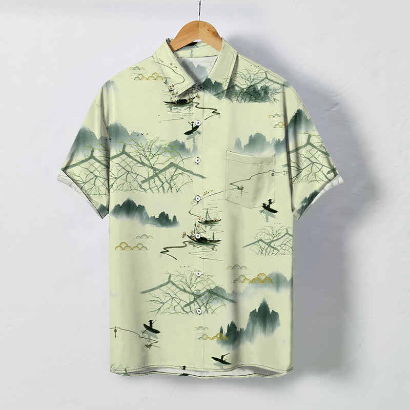 Buddha Stones Camicia da uomo a maniche corte traspirante con motivo paesaggistico, montano e barca, bottoni e stampa a inchiostro. - Beige - US/UK/AU48, EU58 (4XL) - image 5