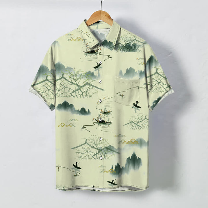Buddha Stones Camicia da uomo a maniche corte traspirante con motivo paesaggistico, montano e barca, bottoni e stampa a inchiostro. - Beige - US/UK/AU48, EU58 (4XL) - image 5