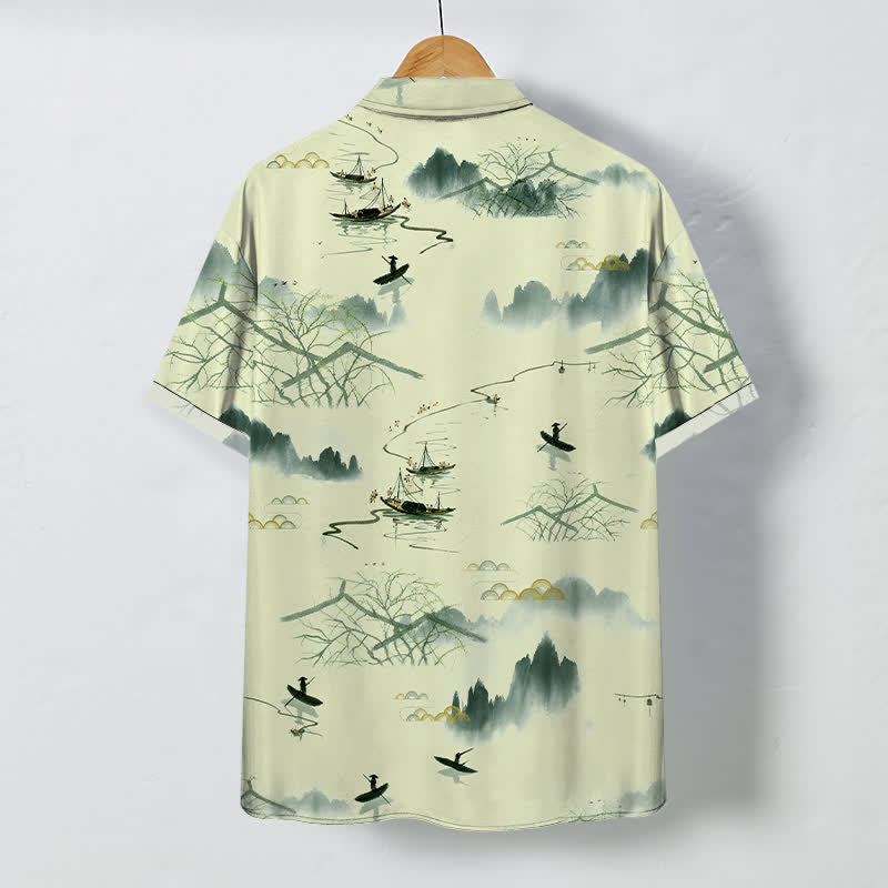 Buddha Stones Camicia da uomo a maniche corte traspirante con motivo paesaggistico, montano e barca, bottoni e stampa a inchiostro. - image 6