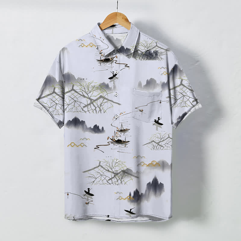 Buddha Stones Camicia da uomo a maniche corte traspirante con motivo paesaggistico, montano e barca, bottoni e stampa a inchiostro. - WhiteSmoke - US/UK/AU48, EU58 (4XL) - image 7