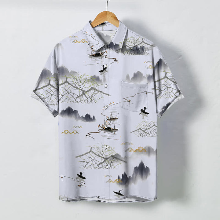 Buddha Stones Camicia da uomo a maniche corte traspirante con motivo paesaggistico, montano e barca, bottoni e stampa a inchiostro. - WhiteSmoke - US/UK/AU48, EU58 (4XL) - image 7