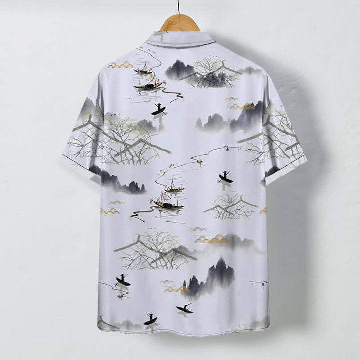 Buddha Stones Camicia da uomo a maniche corte traspirante con motivo paesaggistico, montano e barca, bottoni e stampa a inchiostro. - image 8