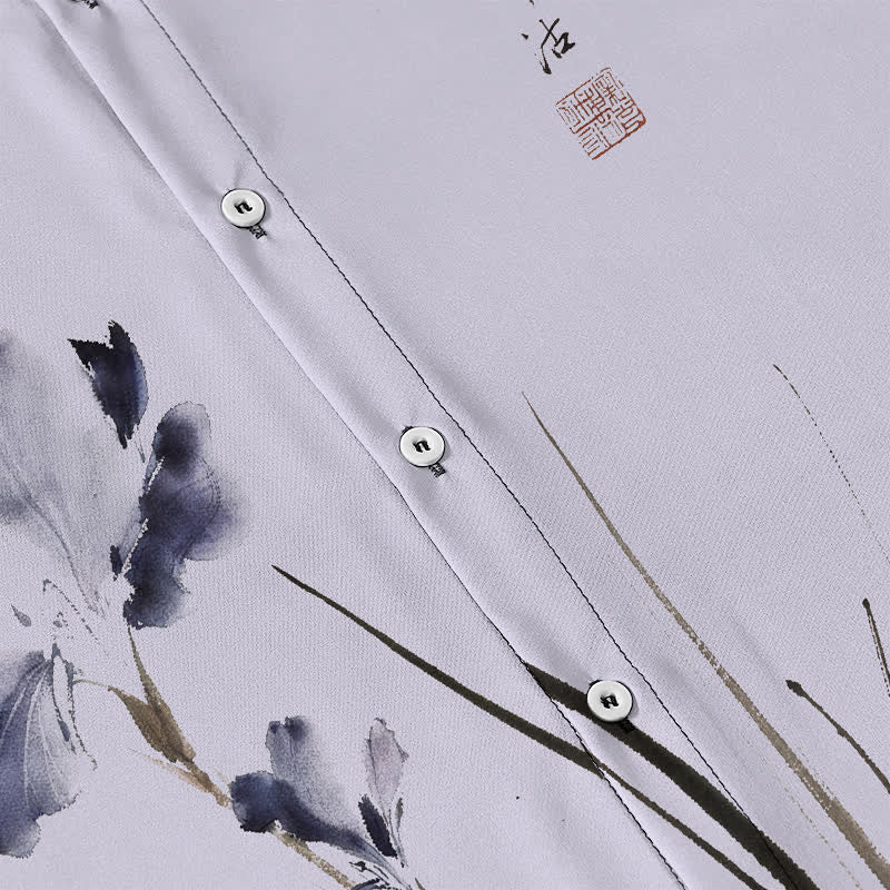 Buddha Stones Camicia da uomo a maniche corte traspirante con bottoni e motivo a sigillo floreale e calligrafico. - image 3