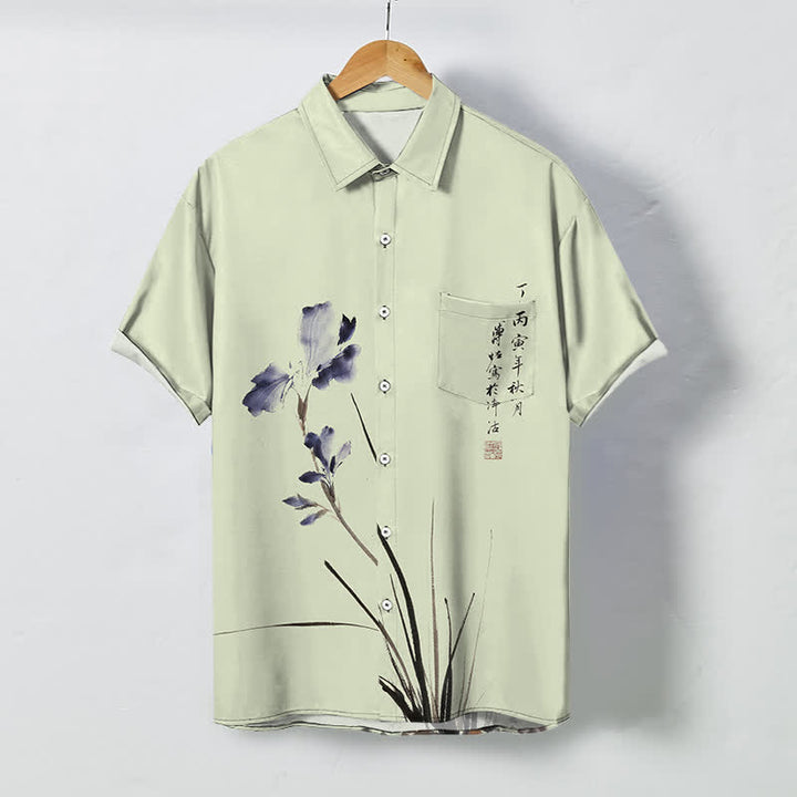 Buddha Stones Camicia da uomo a maniche corte traspirante con bottoni e motivo a sigillo floreale e calligrafico. - Verde pallido - US/UK/AU48, EU58 (4XL) - image 5