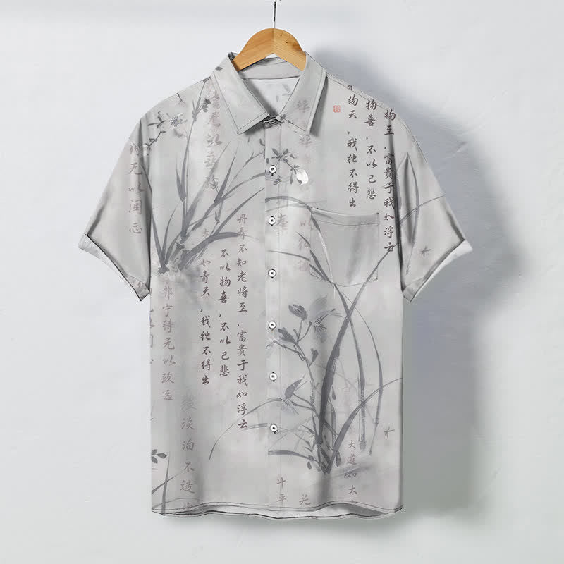 Buddha Stones Camicia da uomo a maniche corte traspirante con bottoni e motivo calligrafico in bambù e inchiostro. - Grigio chiaro - US/UK/AU48, EU58 (4XL) - image 5