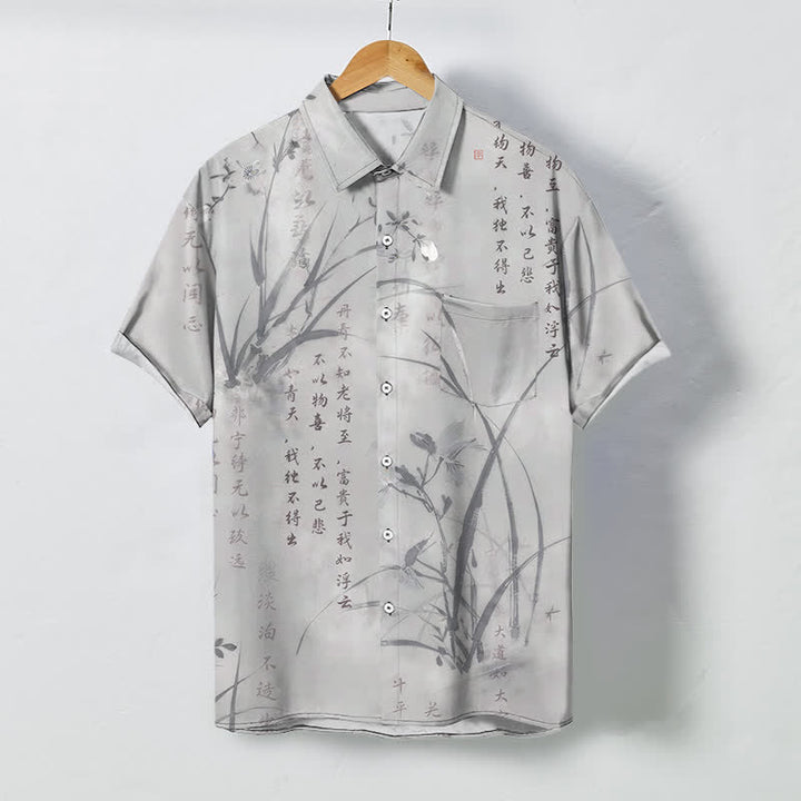 Buddha Stones Camicia da uomo a maniche corte traspirante con bottoni e motivo calligrafico in bambù e inchiostro. - Grigio chiaro - US/UK/AU48, EU58 (4XL) - image 5