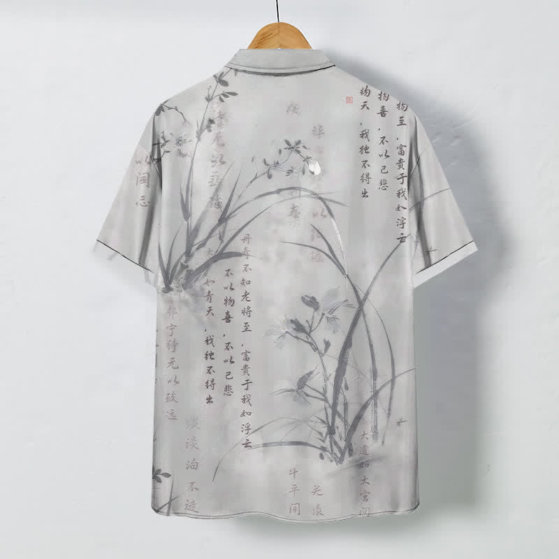 Buddha Stones Camicia da uomo a maniche corte traspirante con bottoni e motivo calligrafico in bambù e inchiostro. - image 6