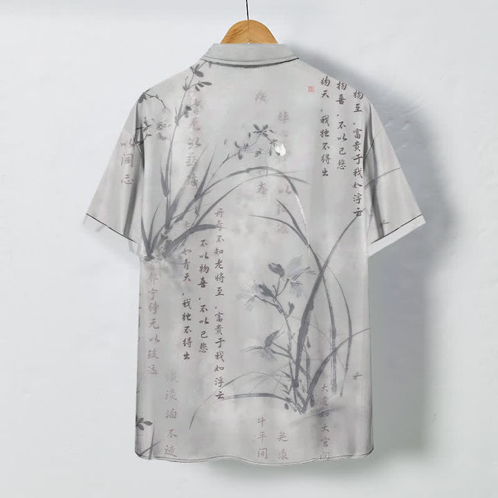 Buddha Stones Camicia da uomo a maniche corte traspirante con bottoni e motivo calligrafico in bambù e inchiostro. - image 6