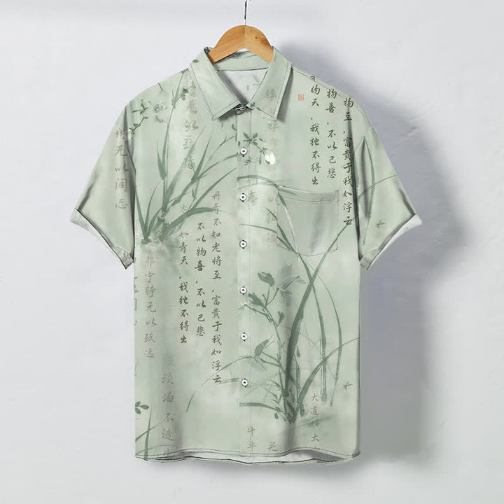 Buddha Stones Camicia da uomo a maniche corte traspirante con bottoni e motivo calligrafico in bambù e inchiostro. - Melata - US/UK/AU48, EU58 (4XL) - image 7