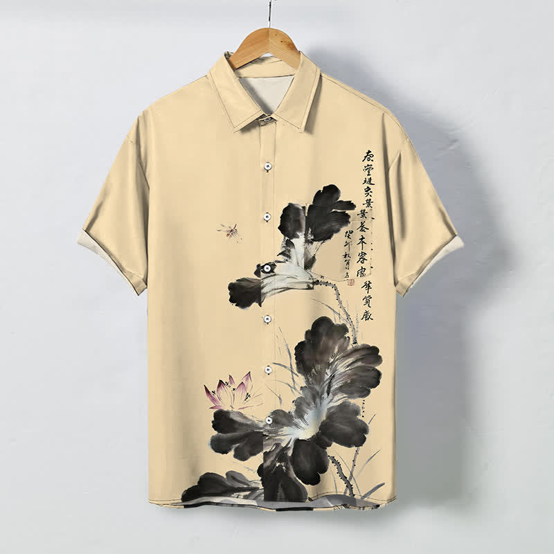 Buddha Stones Camicia da uomo a maniche corte traspirante con bottoni e motivo floreale calligrafico a inchiostro. - Grano - US/UK/AU48, EU58 (4XL) - image 5