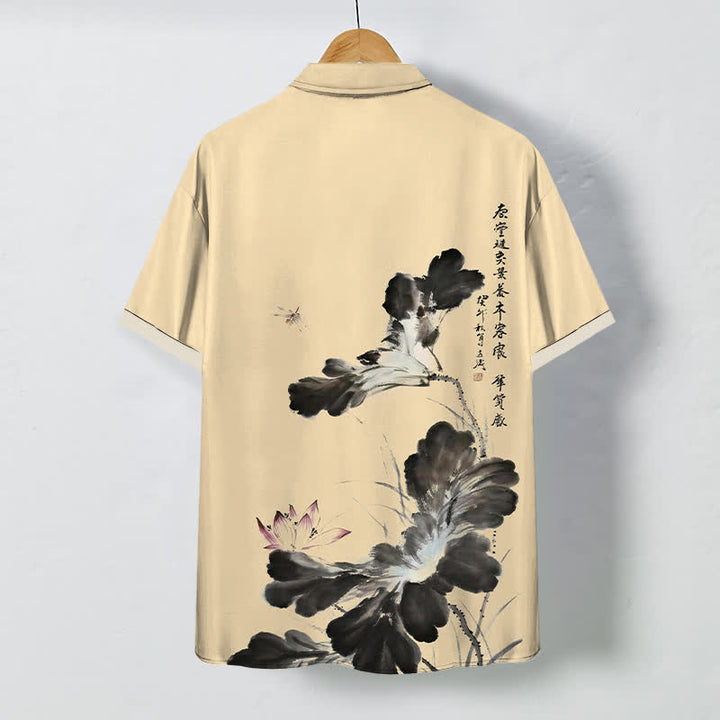 Buddha Stones Camicia da uomo a maniche corte traspirante con bottoni e motivo floreale calligrafico a inchiostro. - image 6