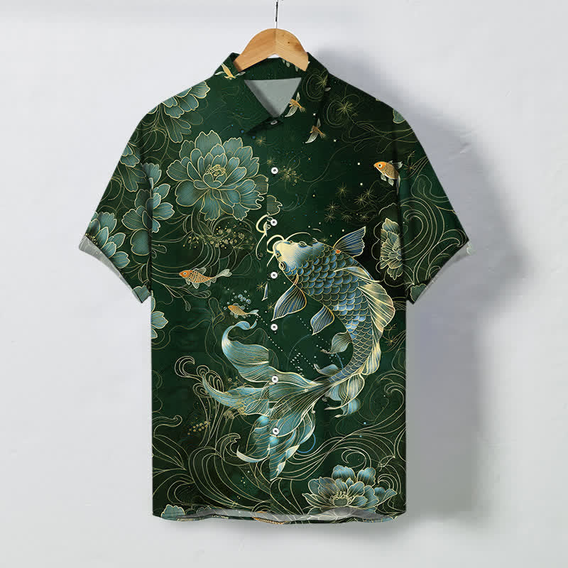 Buddha Stones Camicia da uomo a maniche corte traspirante con bottoni e motivo a loto e carpe koi blu. - Verde scuro - US/UK/AU48, EU58 (4XL) - image 5