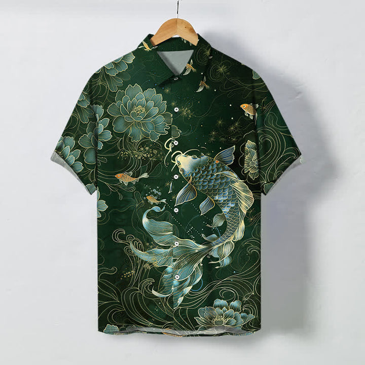 Buddha Stones Camicia da uomo a maniche corte traspirante con bottoni e motivo a loto e carpe koi blu. - Verde scuro - US/UK/AU48, EU58 (4XL) - image 5