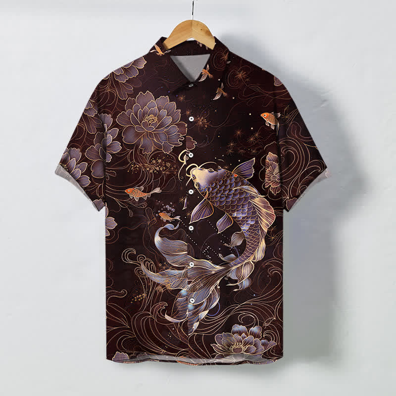 Buddha Stones Camicia da uomo a maniche corte traspirante con bottoni e motivo a loto e carpe koi blu. - Marrone - US/UK/AU48, EU58 (4XL) - image 7