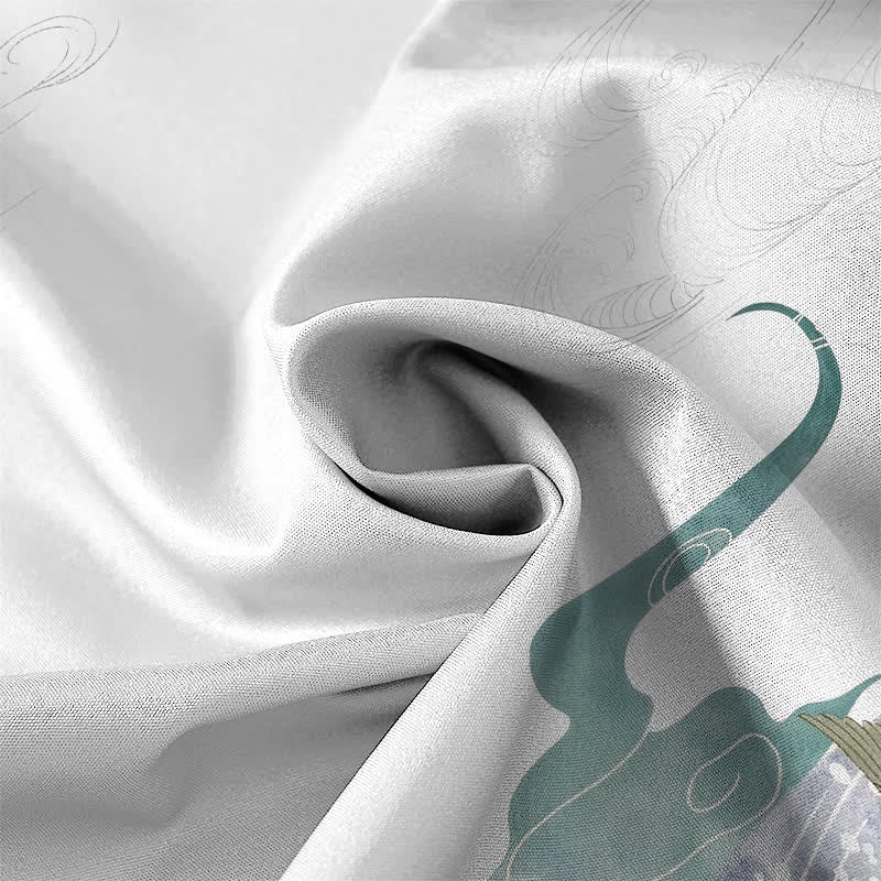 Buddha Stones Camicia da uomo a maniche corte traspirante con bottoni e motivo a nuvole e onde, con stampa gru. - image 4