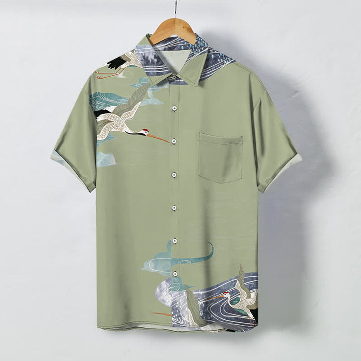 Buddha Stones Camicia da uomo a maniche corte traspirante con bottoni e motivo a nuvole e onde, con stampa gru. - Cachi scuro - US/UK/AU48, EU58 (4XL) - image 5