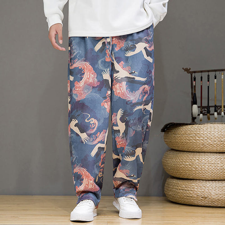 Buddha Stones Pantaloni casual primavera/estate con coulisse e stampa gru, pantaloni harem da uomo con tasche - image 7