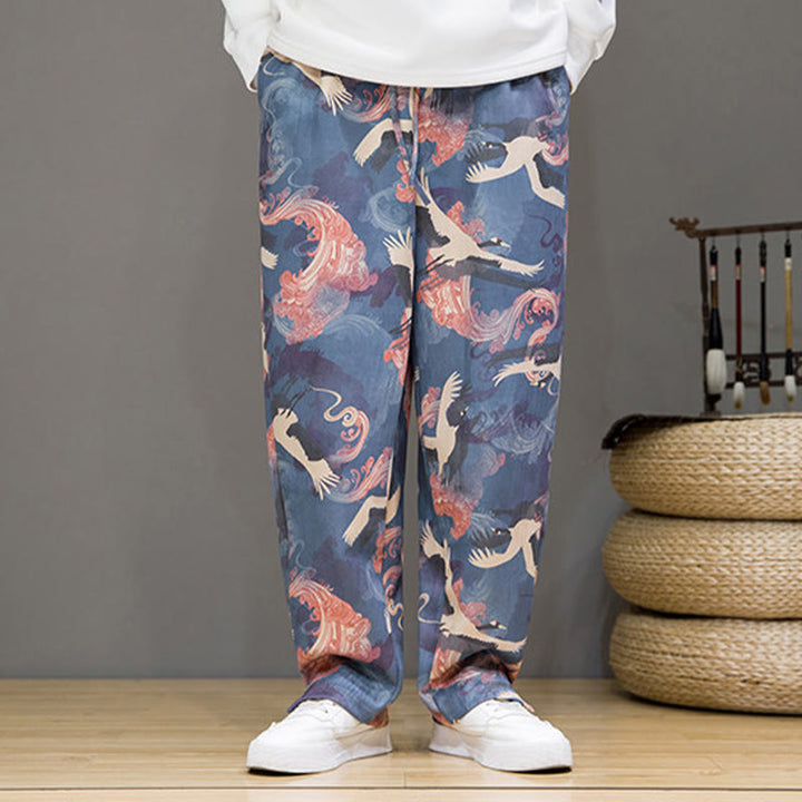 Buddha Stones Pantaloni casual primavera/estate con coulisse e stampa gru, pantaloni harem da uomo con tasche - image 2