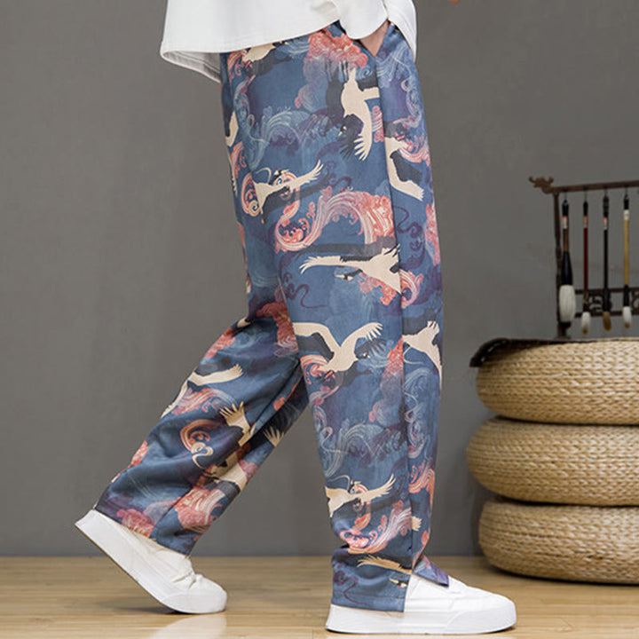 Buddha Stones Pantaloni casual primavera/estate con coulisse e stampa gru, pantaloni harem da uomo con tasche - image 5