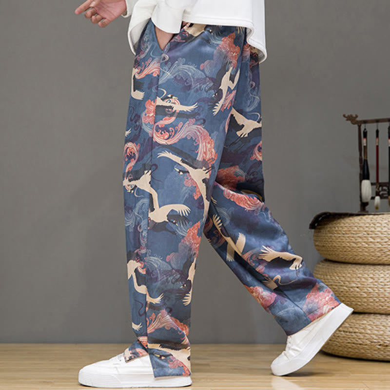 Buddha Stones Pantaloni casual primavera/estate con coulisse e stampa gru, pantaloni harem da uomo con tasche - image 6