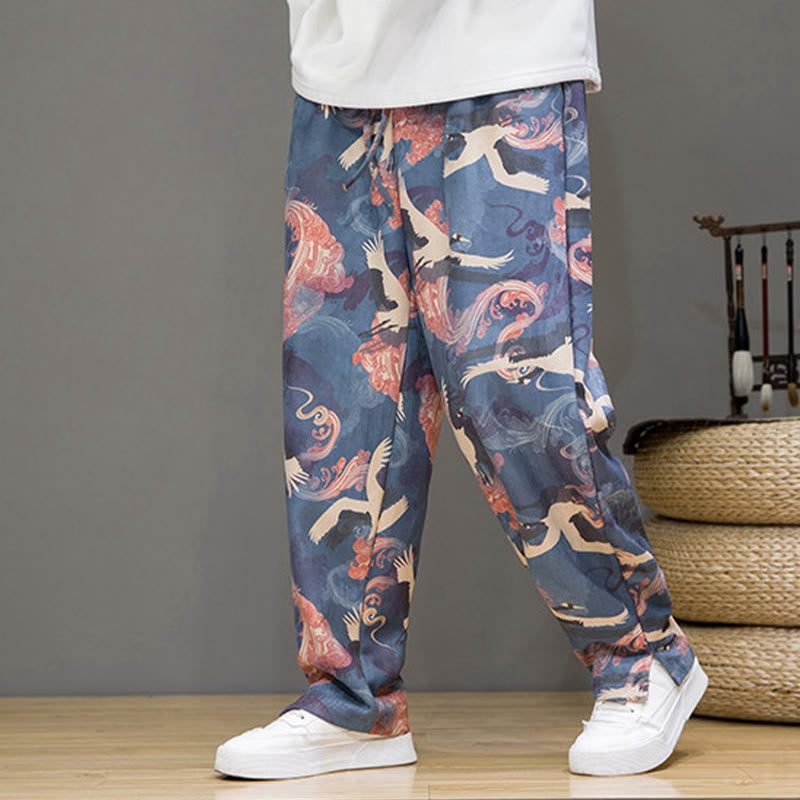 Buddha Stones Pantaloni casual primavera/estate con coulisse e stampa gru, pantaloni harem da uomo con tasche - image 1