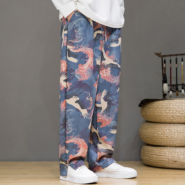 Buddha Stones Pantaloni casual primavera/estate con coulisse e stampa gru, pantaloni harem da uomo con tasche - image 3