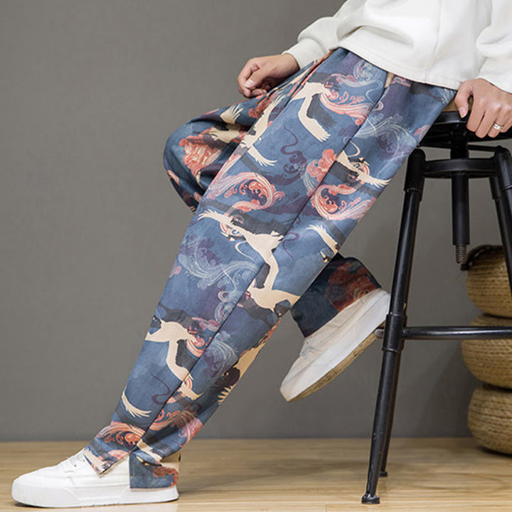 Buddha Stones Pantaloni casual primavera/estate con coulisse e stampa gru, pantaloni harem da uomo con tasche - image 8
