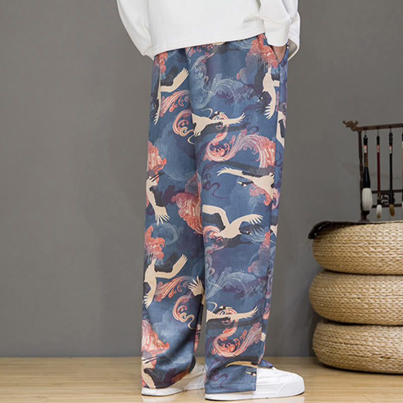 Buddha Stones Pantaloni casual primavera/estate con coulisse e stampa gru, pantaloni harem da uomo con tasche - image 4