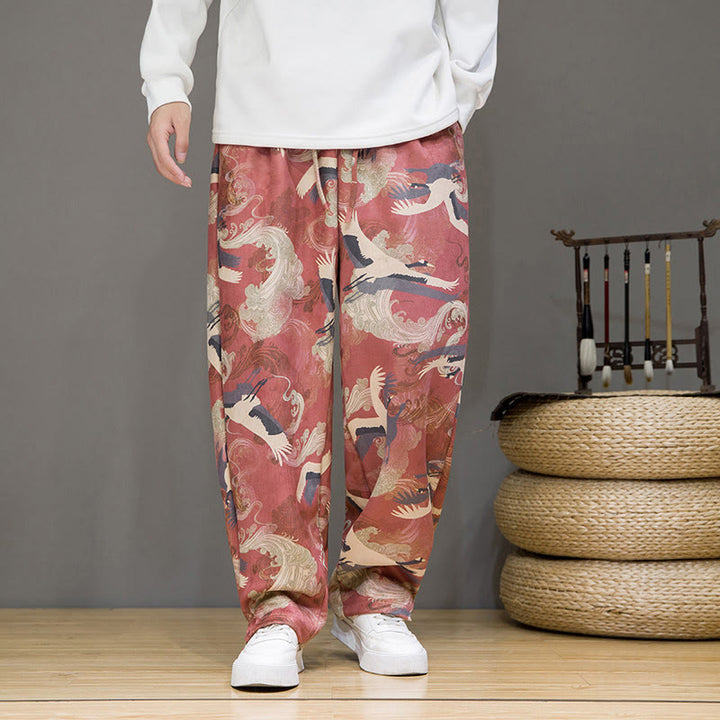 Buddha Stones Pantaloni casual primavera/estate con coulisse e stampa gru, pantaloni harem da uomo con tasche - image 11