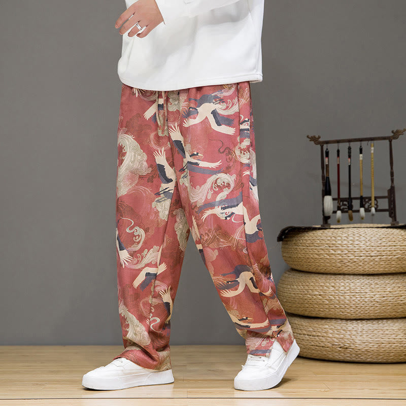 Buddha Stones Pantaloni casual primavera/estate con coulisse e stampa gru, pantaloni harem da uomo con tasche - Rosso Indiano - US/UK/AU44, EU54 (4XL) - image 9