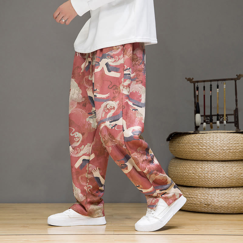 Buddha Stones Pantaloni casual primavera/estate con coulisse e stampa gru, pantaloni harem da uomo con tasche - image 14