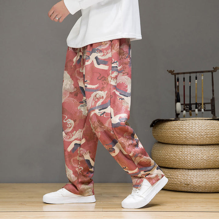 Buddha Stones Pantaloni casual primavera/estate con coulisse e stampa gru, pantaloni harem da uomo con tasche - image 14