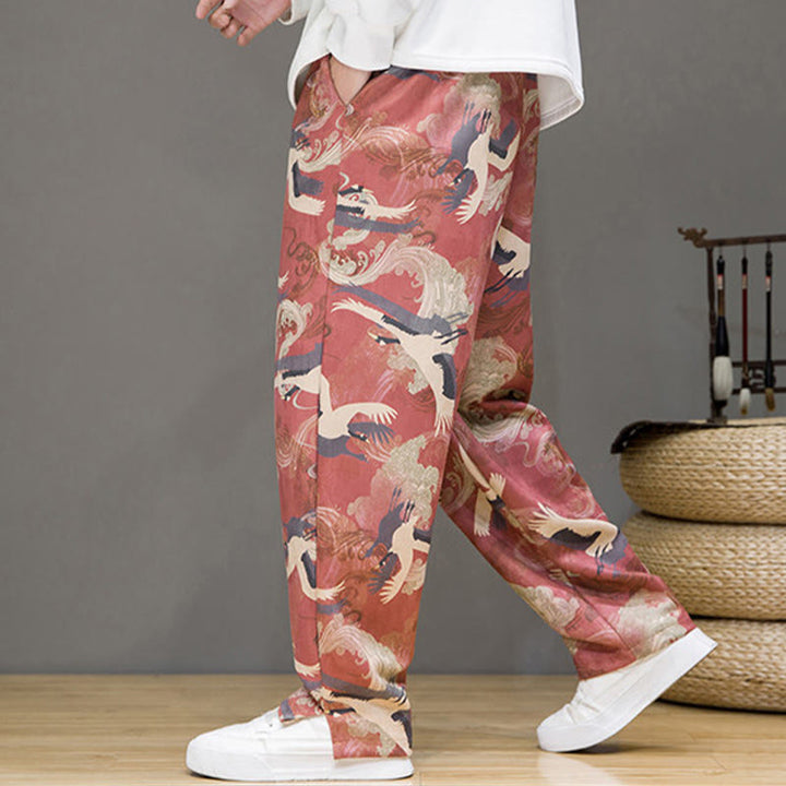 Buddha Stones Pantaloni casual primavera/estate con coulisse e stampa gru, pantaloni harem da uomo con tasche - image 17