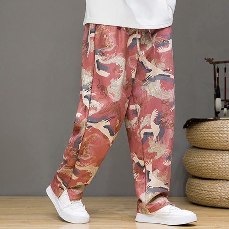 Buddha Stones Pantaloni casual primavera/estate con coulisse e stampa gru, pantaloni harem da uomo con tasche - image 10