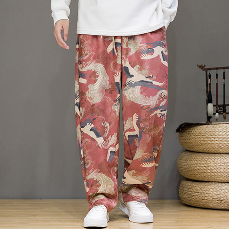 Buddha Stones Pantaloni casual primavera/estate con coulisse e stampa gru, pantaloni harem da uomo con tasche - image 18